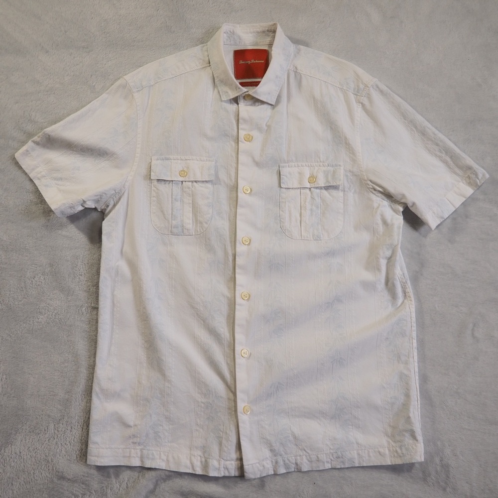 Tommy Bahama Sz S White/blue Short Sleeve Casual Shirt Cotton /Linen Blend